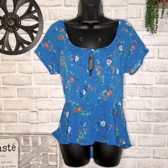 Hollister Blue Floral Babydoll Sheer Hi Lo Boho Hippie Blouse Top Shirt Small - Picture 4 of 6